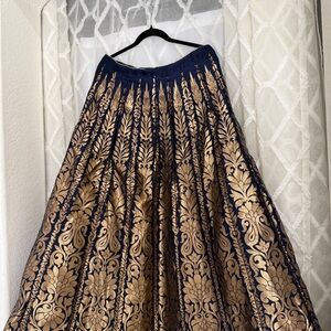 Maxi Blue and Gold A-Line Lehenga with Pleated Embellishments